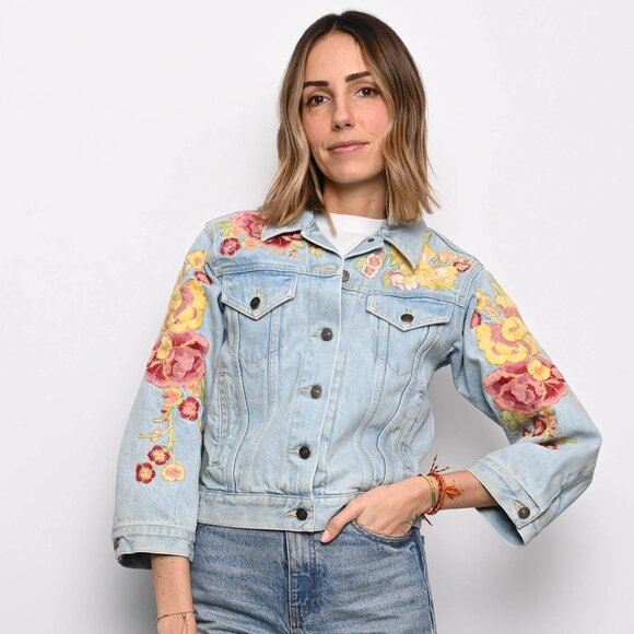 Gucci Flower Embroidered 3/4 Sleeve Jean Jacket EU 42 - Picture 1 of 8
